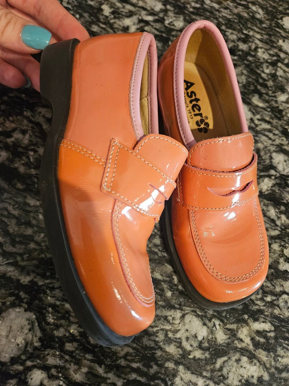 Aster orange pink patent leather penny loafers made in France little girls us 11